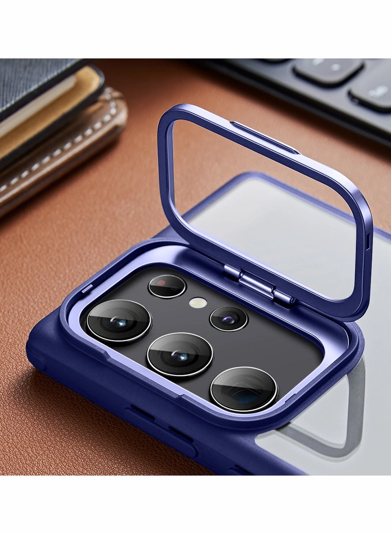 دبليو تيك غطاء خلفي شفاف من السيليكون الناعم الهجين مع حامل حامل للكاميرا قابل للطي لهاتف سامسونج جالاكسي S24 الترا 5G 2024 أزرق داكن - Image 5