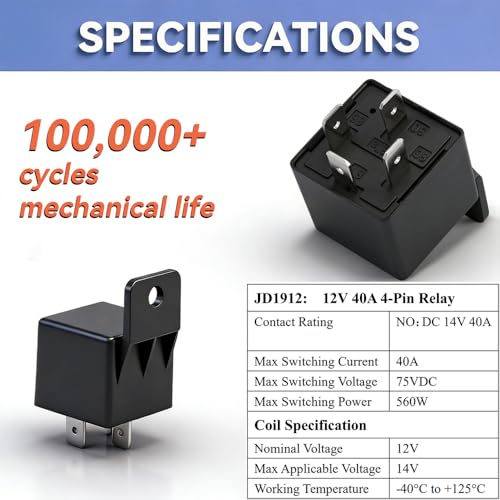 BLARYETI [5 Pack] 12V 40A Automotive Relay, 4-Pin SPST (Model JD1912) – Heavy Duty Relay Switch for Fuel Pump, Fan, Starter, Light Bar - Image 3