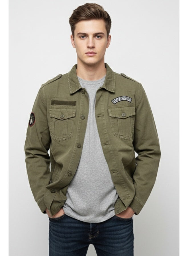 Andrew Charles Men’s Olive Green Denim Military Jacket with Embroidered Patches – Casual Army Style - Image 1