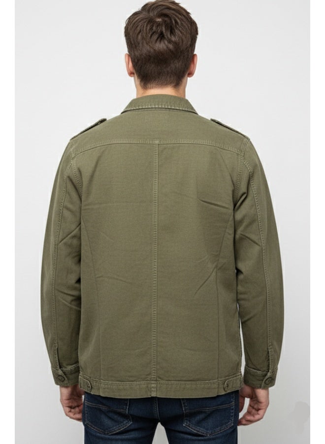 Andrew Charles Men’s Olive Green Denim Military Jacket with Embroidered Patches – Casual Army Style - Image 2