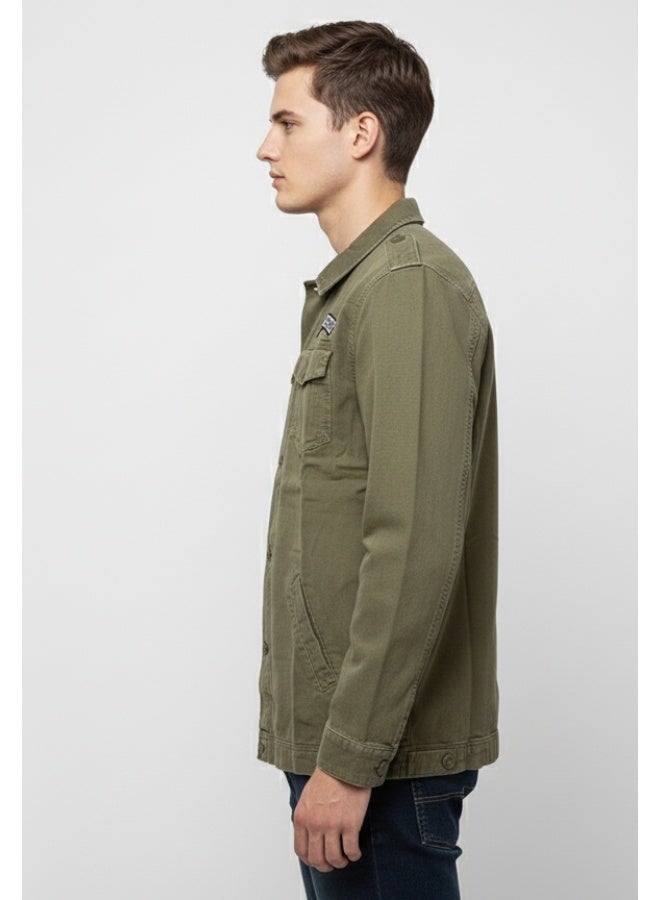 Andrew Charles Men’s Olive Green Denim Military Jacket with Embroidered Patches – Casual Army Style - Image 3