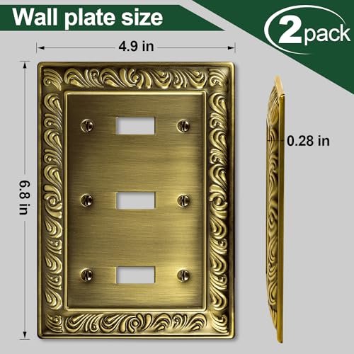 Ranweydi Antique Brass Decorative Wall Plate Light Switch Cover Decorator Outlet Covers Rocker Switch Plates Metal Material Wall Plates for Kitchen Bathroom (3 Gang Triple Toggle-2 Pack) - Image 3