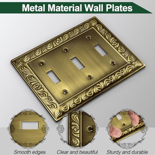 Ranweydi Antique Brass Decorative Wall Plate Light Switch Cover Decorator Outlet Covers Rocker Switch Plates Metal Material Wall Plates for Kitchen Bathroom (3 Gang Triple Toggle-2 Pack) - Image 2