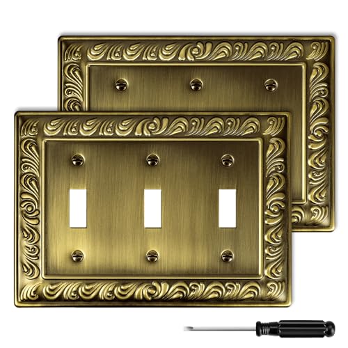 Ranweydi Antique Brass Decorative Wall Plate Light Switch Cover Decorator Outlet Covers Rocker Switch Plates Metal Material Wall Plates for Kitchen Bathroom (3 Gang Triple Toggle-2 Pack) - Image 1