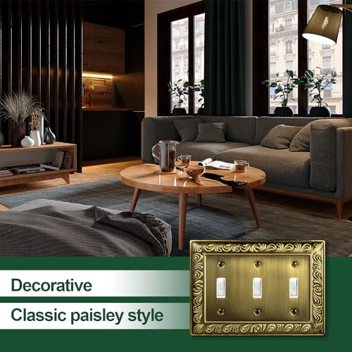 Ranweydi Antique Brass Decorative Wall Plate Light Switch Cover Decorator Outlet Covers Rocker Switch Plates Metal Material Wall Plates for Kitchen Bathroom (3 Gang Triple Toggle-2 Pack) - Image 4