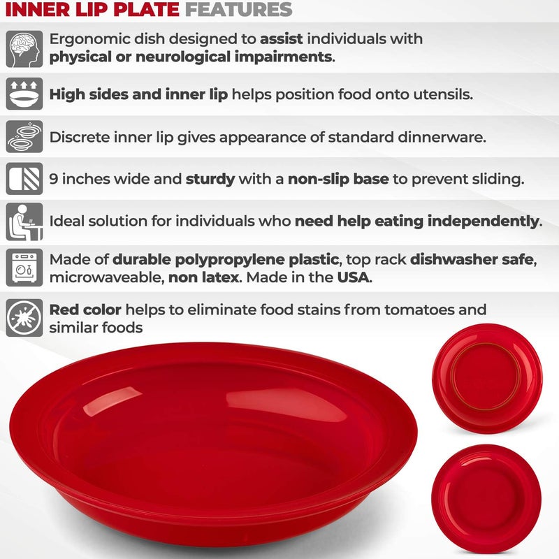 Providence Spillproof Lip Plates for Disabled Adults Inner Lip Dish for Adults - Lip Bowl - Adaptive Plate for Independence - Non Slip Plate for Disabled Adults - 9" Red - 3 Pack - Image 2