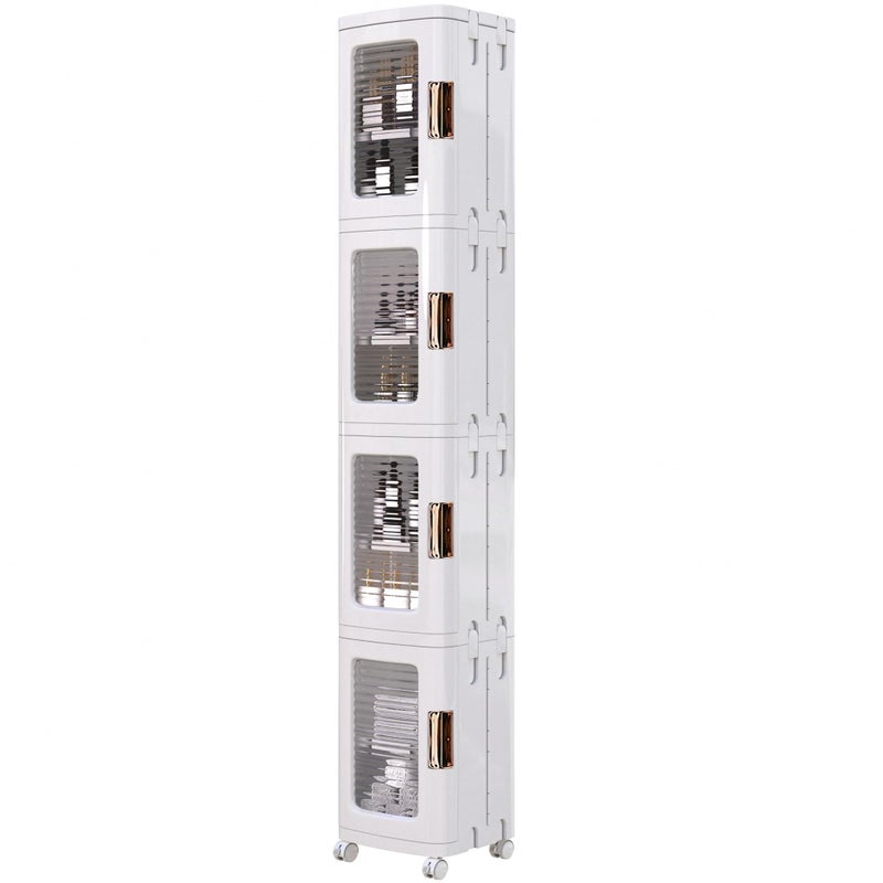VECELO 4Tier Plastic Tall Narrow Storage Cabinet with Movable Wheels Adjustable Shelves Magnetic Doors Slim Bathroom Organizers and Storage for Small Space Bathroom Kitchen Laundry White