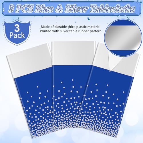 MASHAN 3Pcs Blue and Silver Tablecloth Party Decorations,Plastic Royal Blue Table Cloth Printed Silver Table Runner Disposable Rectangle Tables Cover for Anniversary Wedding Graduation 2025 Party,54x108 Inch - Image 4