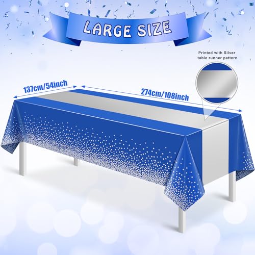 MASHAN 3Pcs Blue and Silver Tablecloth Party Decorations,Plastic Royal Blue Table Cloth Printed Silver Table Runner Disposable Rectangle Tables Cover for Anniversary Wedding Graduation 2025 Party,54x108 Inch - Image 2