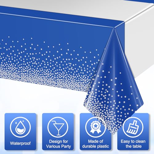 MASHAN 3Pcs Blue and Silver Tablecloth Party Decorations,Plastic Royal Blue Table Cloth Printed Silver Table Runner Disposable Rectangle Tables Cover for Anniversary Wedding Graduation 2025 Party,54x108 Inch - Image 3