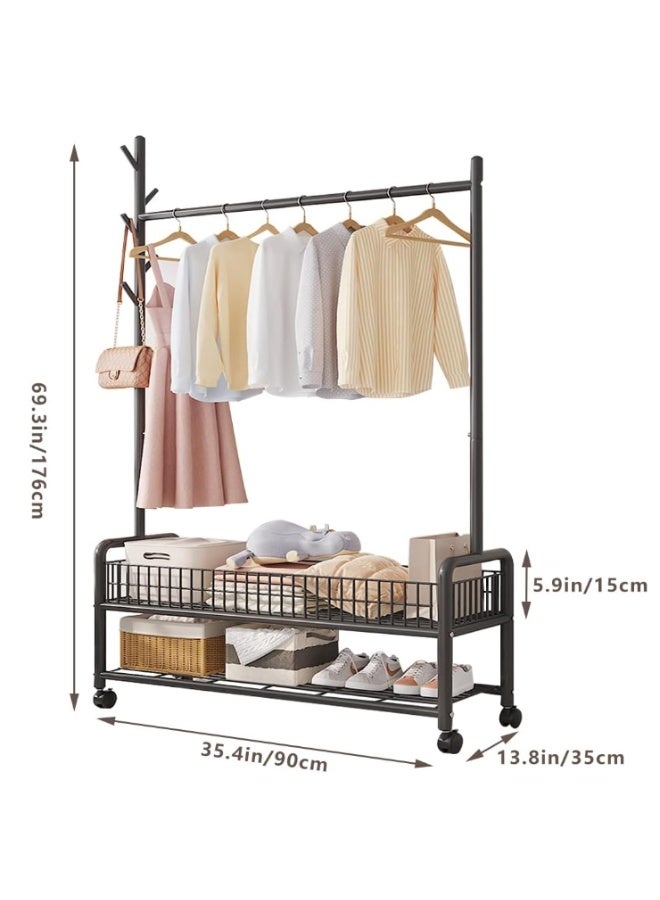 فورثكان علاقة ملابس قائمة بذاتها من Forthcan مع عجلات، حاملة متعددة الوظائف مع خطافات ورفوف شبكية، مقاومة للصدأ، 90×35×176 سم، أسود - Image 2