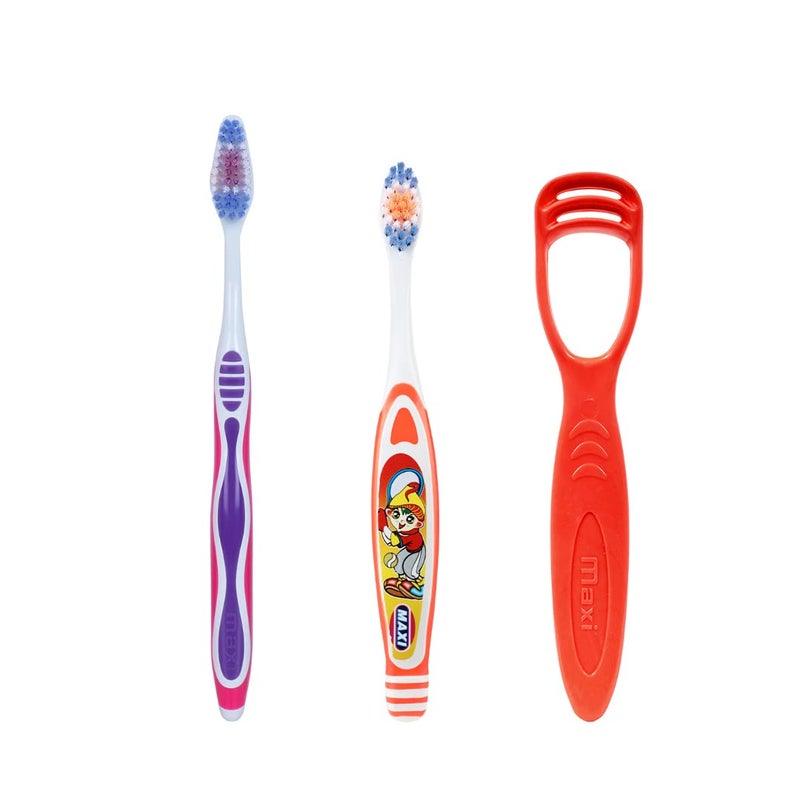 MAXI Oral Care Combo of 8-(2 Adults) Candy Toothbrush & (3 Kids) Bunty Bubli Junior Toothbrush & (3 TC) 1 Number Tongue Cleaner - Image 1