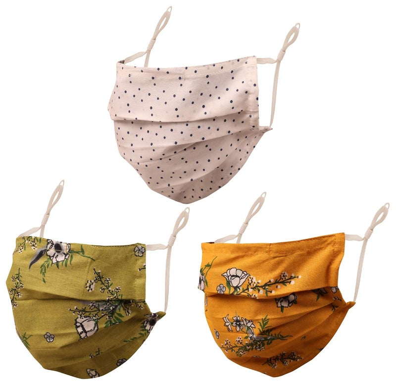 Touchstone Floral Fabric Adjustable filter pocket nose bridge 2 layer anti-pollution smog smoke cold cough protective cotton face mask reusable washable for men, women (Pack of 3). White Yellow Green - Image 1