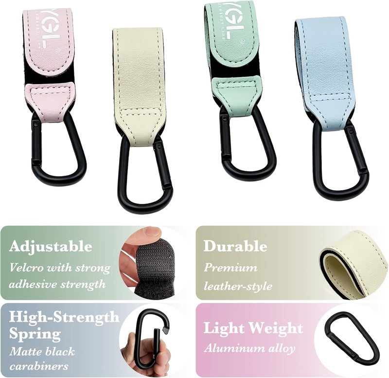 FYGL Stroller Hooks - Leather Buggy Clips, Pushchair Carabiner Clip for bags, Easy Attachment for Pram, Universal Stroller Clips and Hooks, Stroller Accessories - Mix Colors (4 Pack) - Image 4