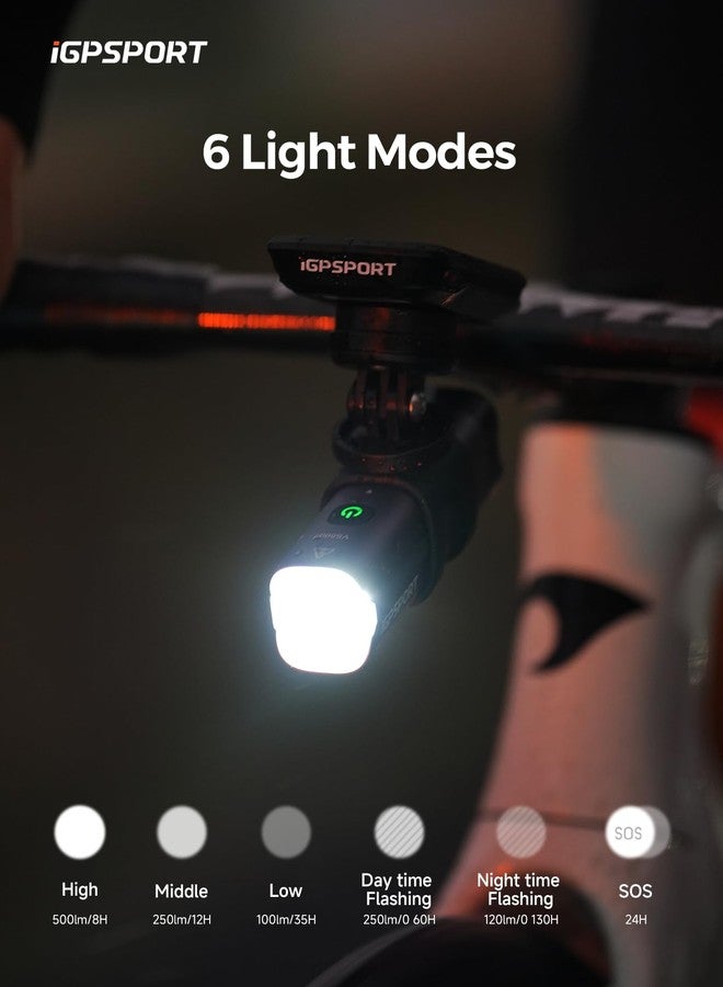 iGPSPORT VS500 ضوء دراجة ذكي، 500 لومن تشغيل/إيقاف تلقائي مصباح أمامي ساطع لركوب الدراجات ليلاً قابل لإعادة الشحن مقاوم للماء IPX6 - Image 3
