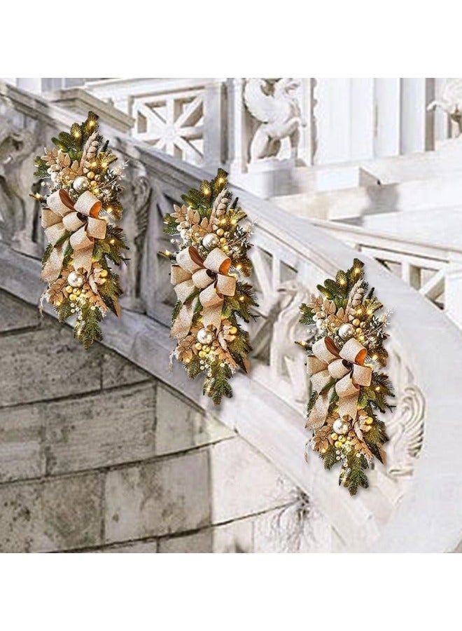 CCOVERY Prelit Christmas Swag Wreath, 23.6in Cordless Stairs Artificial Christmas Garland with String Light Wall Door Window Hanging Teardrop Swag Bowknot Hanging Ornaments Gold - Image 3