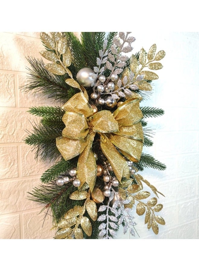 CCOVERY Prelit Christmas Swag Wreath, 23.6in Cordless Stairs Artificial Christmas Garland with String Light Wall Door Window Hanging Teardrop Swag Bowknot Hanging Ornaments Gold - Image 5