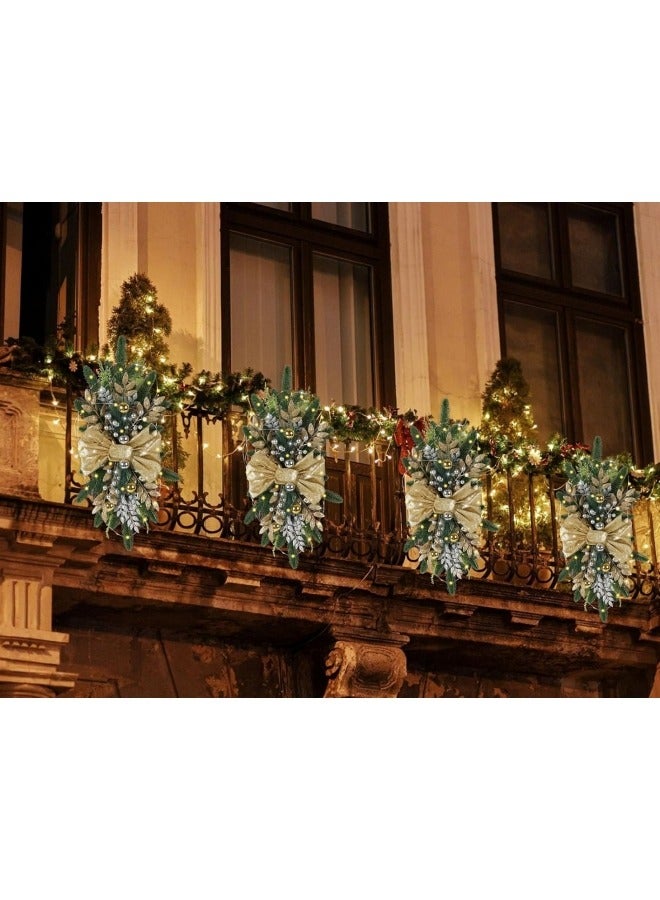 CCOVERY Prelit Christmas Swag Wreath, 23.6in Cordless Stairs Artificial Christmas Garland with String Light Wall Door Window Hanging Teardrop Swag Bowknot Hanging Ornaments Gold - Image 4