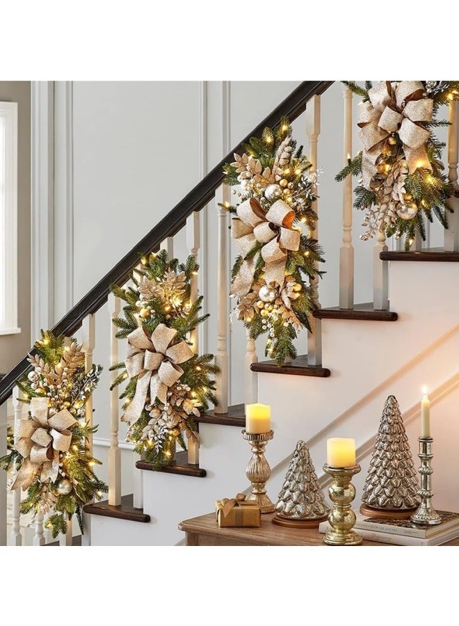 CCOVERY Prelit Christmas Swag Wreath, 23.6in Cordless Stairs Artificial Christmas Garland with String Light Wall Door Window Hanging Teardrop Swag Bowknot Hanging Ornaments Gold - Image 2