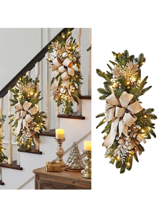 CCOVERY Prelit Christmas Swag Wreath, 23.6in Cordless Stairs Artificial Christmas Garland with String Light Wall Door Window Hanging Teardrop Swag Bowknot Hanging Ornaments Gold - Image 1