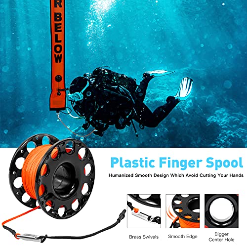 Pluzluce 5ft Scuba Diving Surface Marker Buoy (SMB), Safety Sausage with Plastic 98ft Finger Spool Reel and Double Ended Hook Clip + Emergency Whistle for Underwater Diving (Black) - Image 3