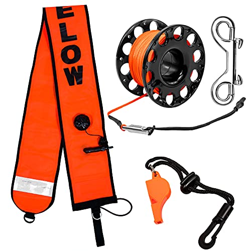 Pluzluce 5ft Scuba Diving Surface Marker Buoy (SMB), Safety Sausage with Plastic 98ft Finger Spool Reel and Double Ended Hook Clip + Emergency Whistle for Underwater Diving (Black) - Image 1