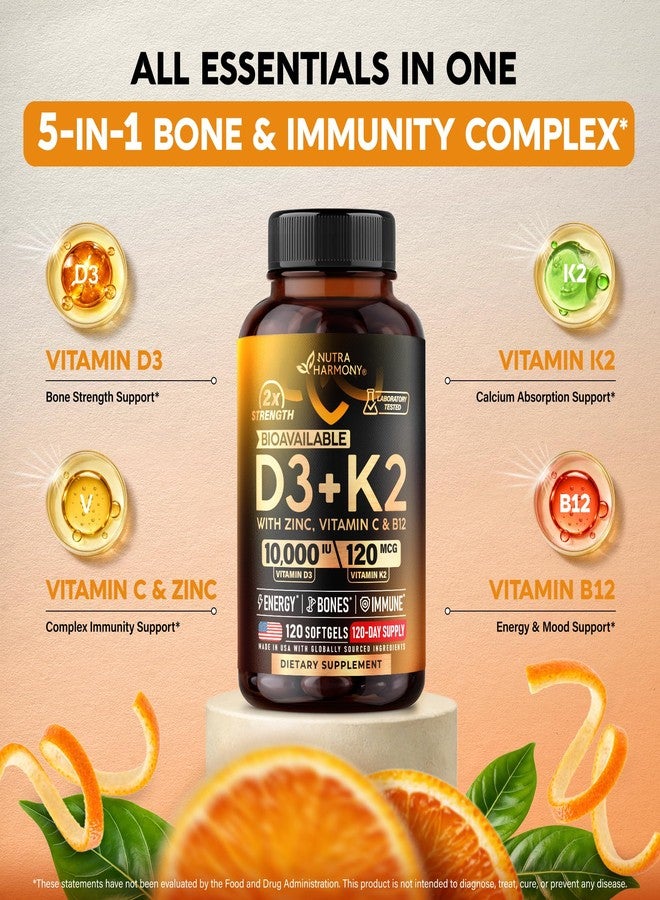NUTRAHARMONY Vitamin D3 K2 - Vitamin D3 10000 iu & K2 120 mcg - Immune & Mood Support, for Bone & Teeth Health - with Zinc, Vitamin C & B12 - Highly Bioavailable - For Men & Women - Made in USA, 120 Softgels - Image 3