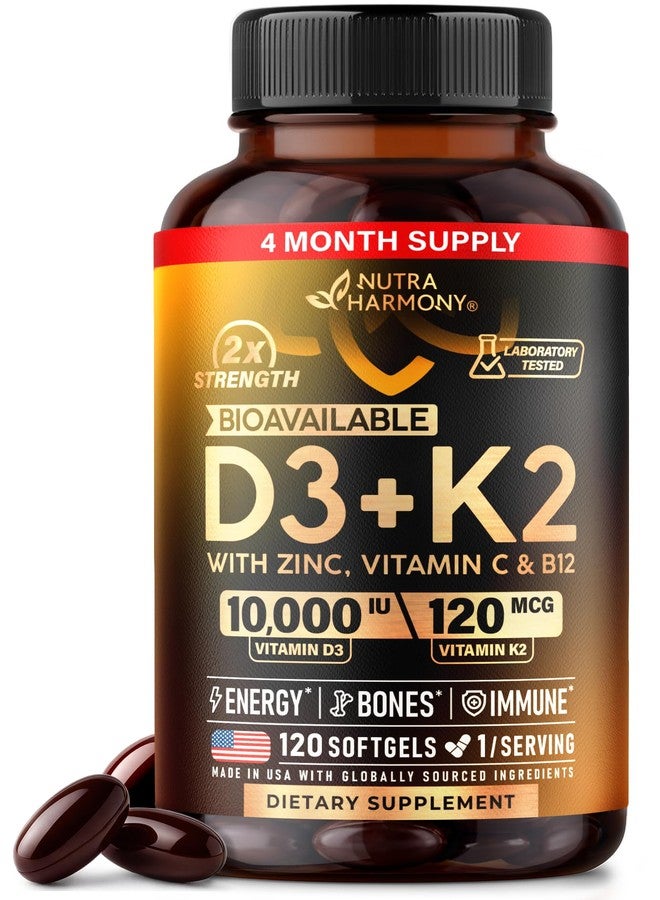 NUTRAHARMONY Vitamin D3 K2 - Vitamin D3 10000 iu & K2 120 mcg - Immune & Mood Support, for Bone & Teeth Health - with Zinc, Vitamin C & B12 - Highly Bioavailable - For Men & Women - Made in USA, 120 Softgels - Image 1