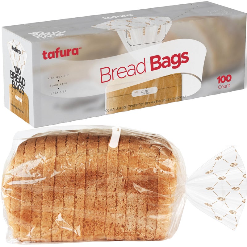 Tafura Bread Bags (100 Count) - Clear Plastic Bread Bags with Twist Ties for Sandwich, Loaf, Sourdough, Pastries, Muffins, and Baked Goods with Date Tab for Tracking Freshness, BPA Free - Image 1