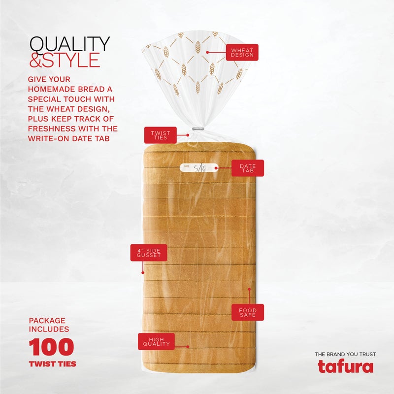 Tafura Bread Bags (100 Count) - Clear Plastic Bread Bags with Twist Ties for Sandwich, Loaf, Sourdough, Pastries, Muffins, and Baked Goods with Date Tab for Tracking Freshness, BPA Free - Image 2