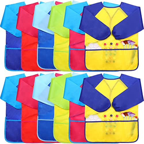 Haysandy 12 Pcs Smocks for Kids Art Smocks for Kids Paint Colorful Children Aprons Artist Painting with Long Sleeve and 3 Pockets for Age 3-8 Years - Image 1
