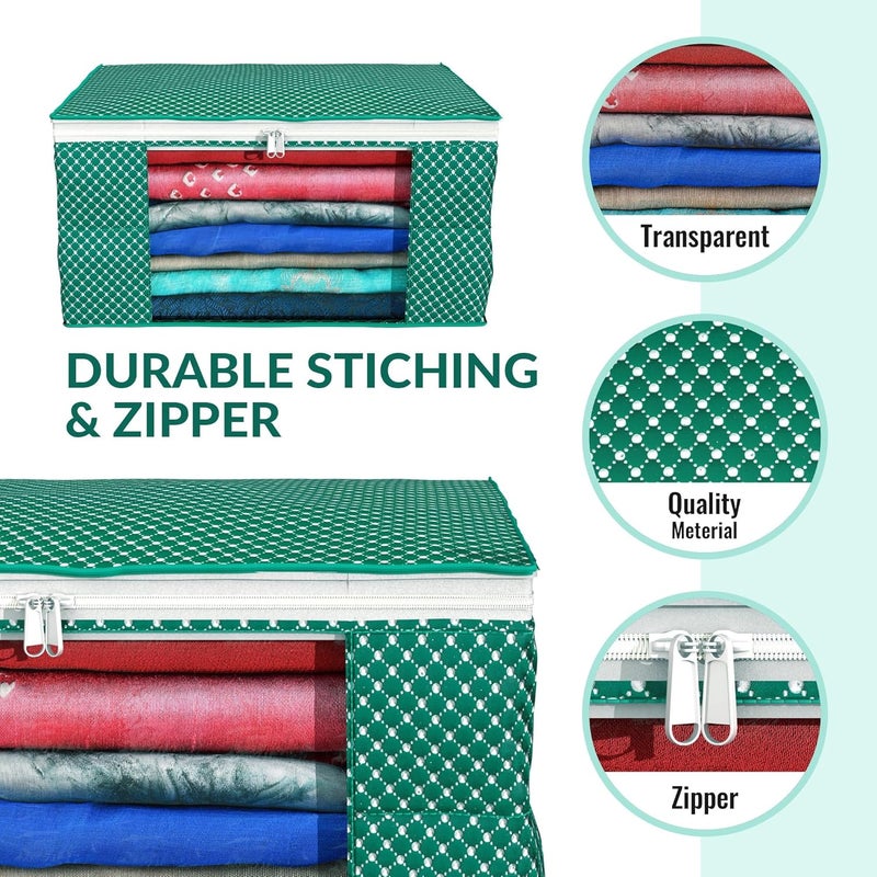 Kuber Industries Kuber Industries Cotton Quilted Clothes Organizer For Wardrobe Pack of 3 Storage Organizer For Saree Shirts Salwar Suit Lehenga Dress Organizer For Wardrobe Saree Covers With Zip Green - Image 5