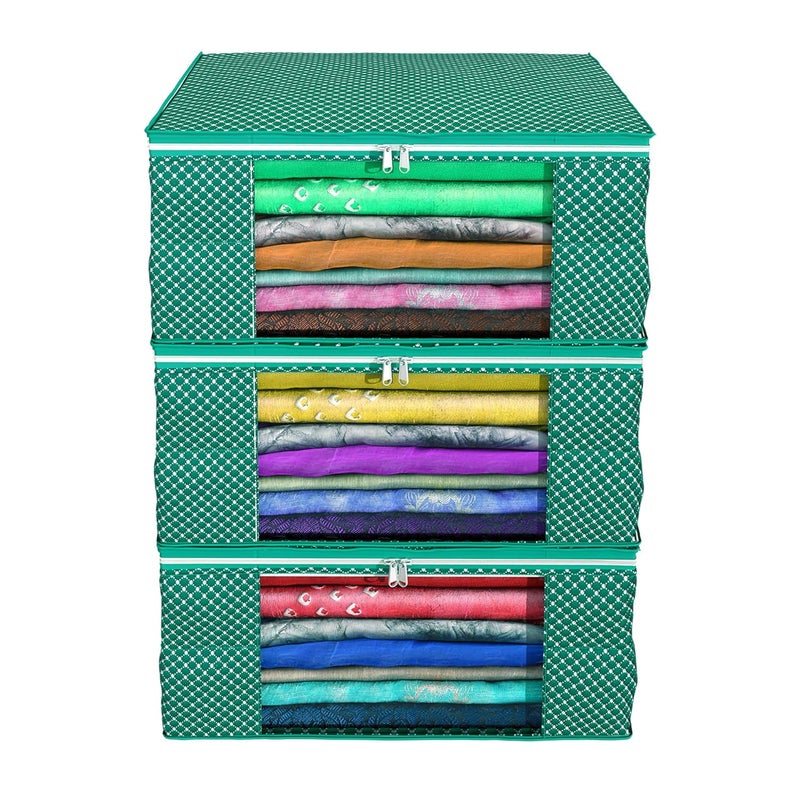 Kuber Industries Kuber Industries Cotton Quilted Clothes Organizer For Wardrobe Pack of 3 Storage Organizer For Saree Shirts Salwar Suit Lehenga Dress Organizer For Wardrobe Saree Covers With Zip Green - Image 1