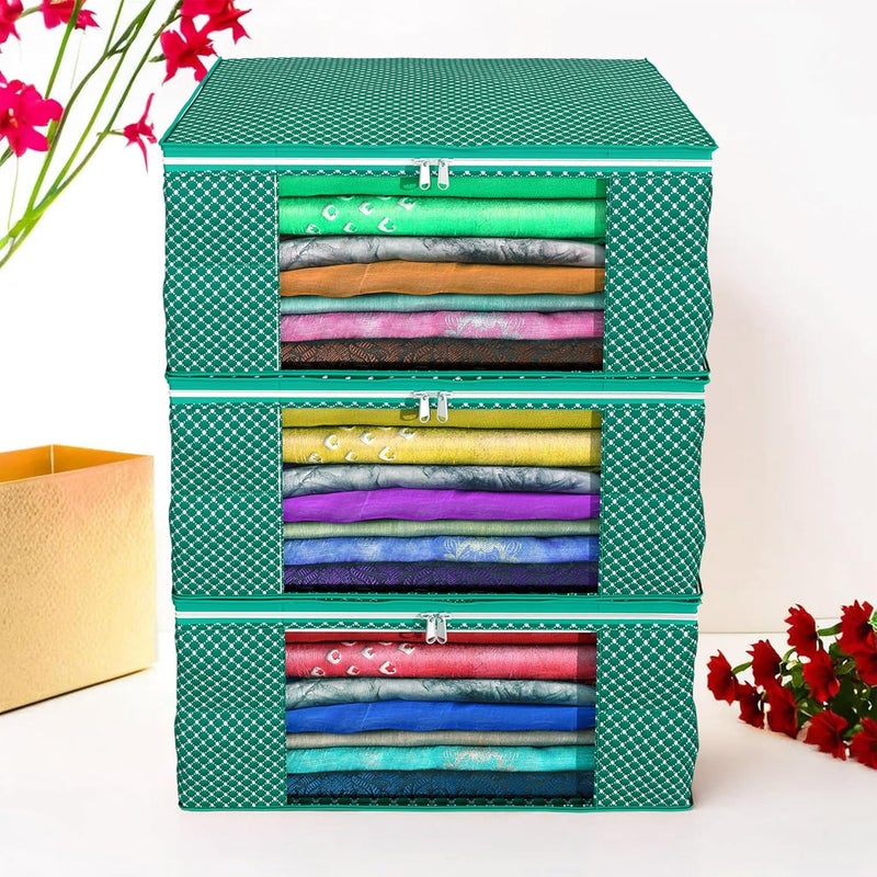 Kuber Industries Kuber Industries Cotton Quilted Clothes Organizer For Wardrobe Pack of 3 Storage Organizer For Saree Shirts Salwar Suit Lehenga Dress Organizer For Wardrobe Saree Covers With Zip Green - Image 2