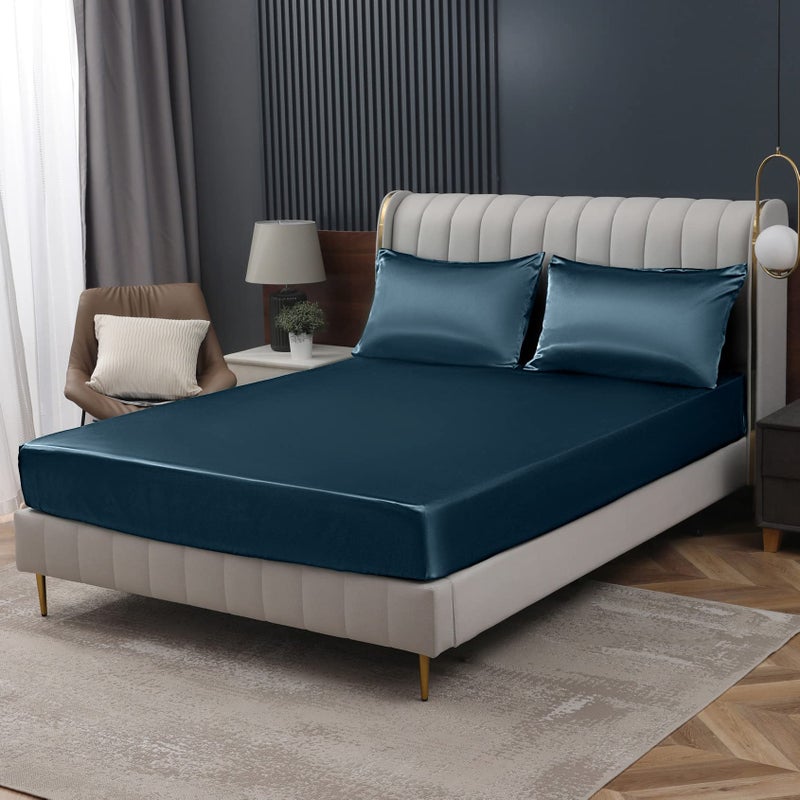 Homiest Deep Sea Blue Satin Fitted Sheet King Size Fitted Bed Sheet  Deep Pocket Fitted Sheet Only  Luxury & Ultra Soft Bedding Fitted Sheet Single Bottom Bed Sheets Sold Separately - Image 1