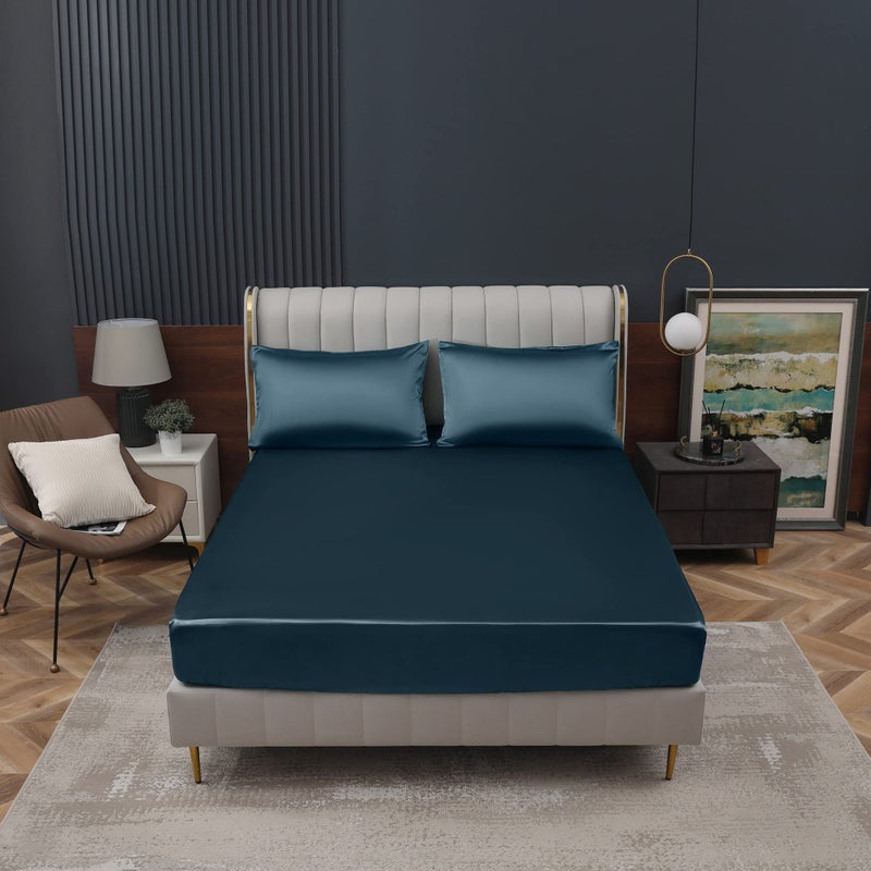 Homiest Deep Sea Blue Satin Fitted Sheet King Size Fitted Bed Sheet  Deep Pocket Fitted Sheet Only  Luxury & Ultra Soft Bedding Fitted Sheet Single Bottom Bed Sheets Sold Separately - Image 2