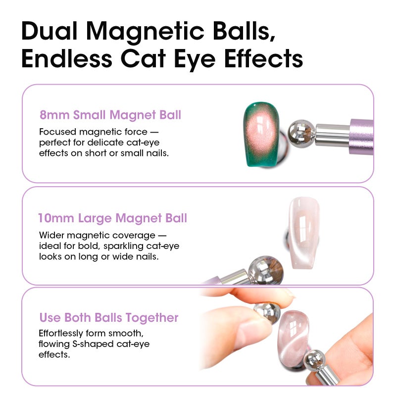 Gellen Double-Ended Cat Eye Magnet Stick for Nail â€“ Dual Cat Eye Gel Nail Polish Sturdy Magnet Tool with Round Beads, Multifunctional Cat-Eye Nail Art Effect at Home or Salon DIY - Image 3