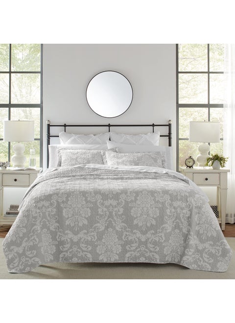 Laura Ashley  Queen Quilt Set Cotton Reversible Bedding with Matching Shams Lightweight Home Decor Ideal for All Seasons Venetia Grey Queen