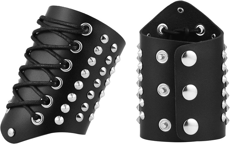 STWTR Men's Wide Cuff Wristband Bracelet Punk Rock Motorcycle Wide Belt Leather Stainless Steel Rivet Wristband - Image 5