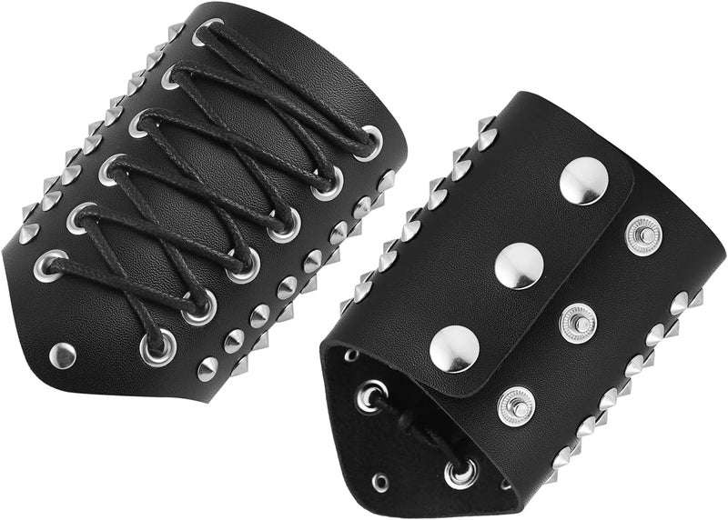 STWTR Men's Wide Cuff Wristband Bracelet Punk Rock Motorcycle Wide Belt Leather Stainless Steel Rivet Wristband - Image 4