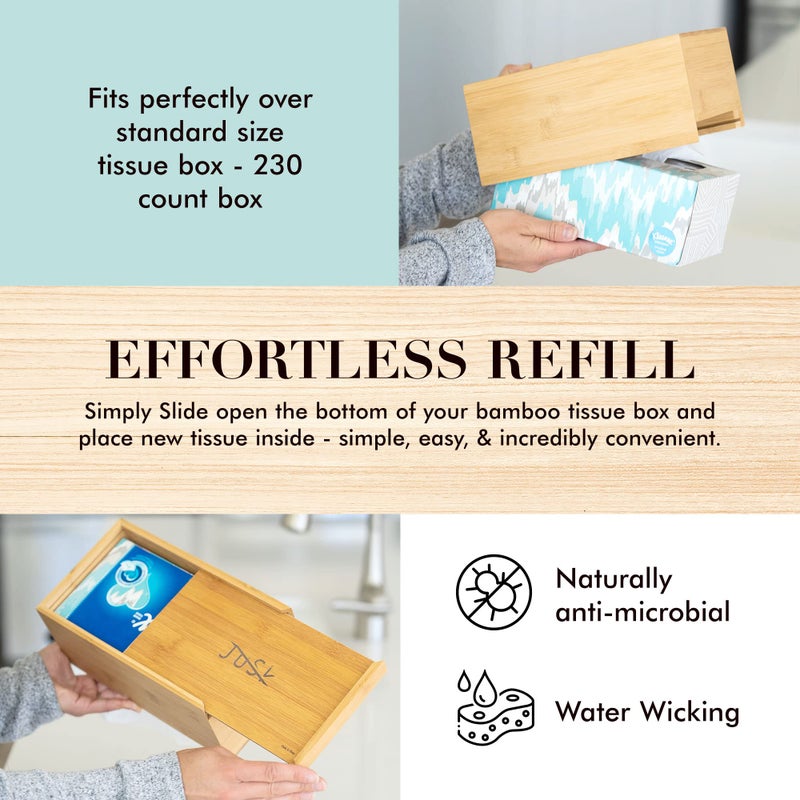 JUSK Design Tissue Box Holder, Modern, Minimalist, and Durable Wooden Bamboo Tissue Box with Sliding Bottom, Easy-Refill Premium-Quality Bamboo Tissue Box Cover, Fits 184-Count Box, Rectangular - Image 4