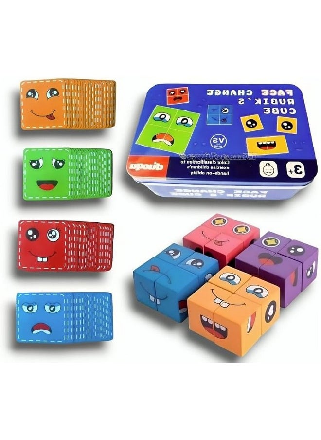 Sky Tech ® Kid Face Changing Cube Building Blocks Puzzle, Wooden Rubik'S Cube Face Expression Toy, Educational Face Matching Family Board Game (16 Wooden Puzzles And 72 Cards)  - Image 1