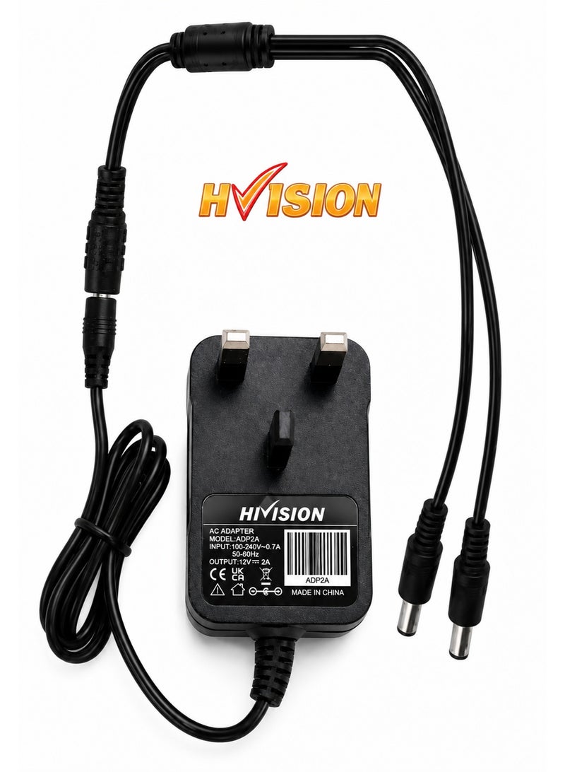 Hivision 12V 2A Power Supply Adapter with 2-Way DC Splitter Cable – AC 100-240V Input – UK Plug – for CCTV Security Cameras & DVRs - Image 1