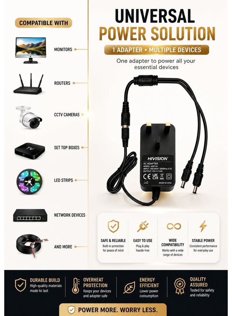 Hivision 12V 2A Power Supply Adapter with 2-Way DC Splitter Cable – AC 100-240V Input – UK Plug – for CCTV Security Cameras & DVRs - Image 3