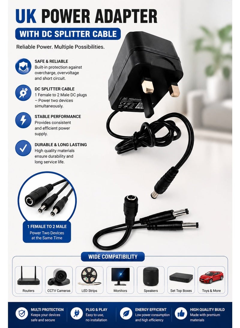 Hivision 12V 2A Power Supply Adapter with 2-Way DC Splitter Cable – AC 100-240V Input – UK Plug – for CCTV Security Cameras & DVRs - Image 2