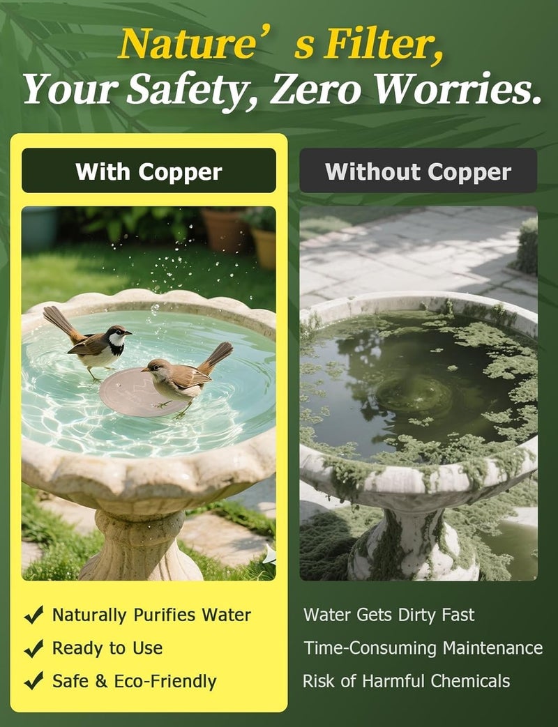 Mellbree 4 Pcs 99.99% Pure Copper Bird Bath Cleaner Discs 0.6mm Self-Cleaning & Algae Prevention Keeps Birdbath Water Fresh Year-Round Universal Fit for Outdoor Bird Baths, Bowls & Fountains - Image 2