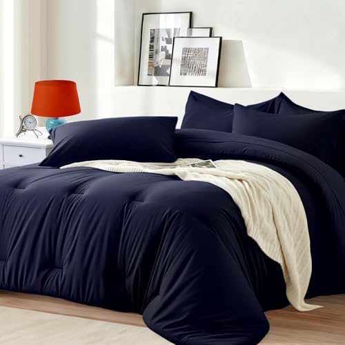 Easthome Queen Comforter Set 7 Piece - Soft Bed in a Bag Queen Size Comforter Sets, Cozy Bedding Sets with Lightweight Comforter, Flat Sheet, Fitted Sheet, 2 Pillowcases & 2 Shams, Navy Blue - Image 1