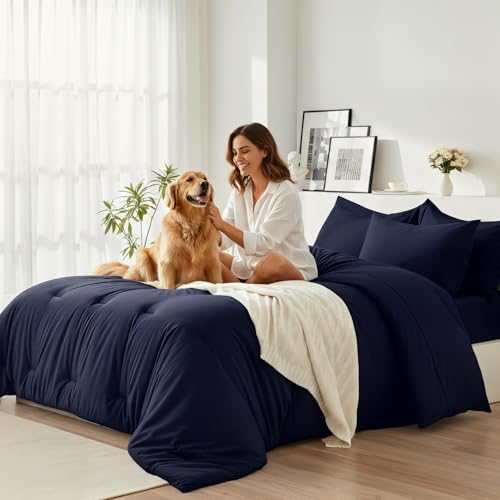 Easthome Queen Comforter Set 7 Piece - Soft Bed in a Bag Queen Size Comforter Sets, Cozy Bedding Sets with Lightweight Comforter, Flat Sheet, Fitted Sheet, 2 Pillowcases & 2 Shams, Navy Blue - Image 2