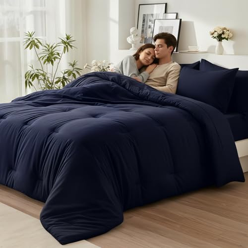 Easthome Queen Comforter Set 7 Piece - Soft Bed in a Bag Queen Size Comforter Sets, Cozy Bedding Sets with Lightweight Comforter, Flat Sheet, Fitted Sheet, 2 Pillowcases & 2 Shams, Navy Blue - Image 3