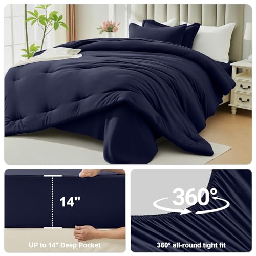Easthome Queen Comforter Set 7 Piece - Soft Bed in a Bag Queen Size Comforter Sets, Cozy Bedding Sets with Lightweight Comforter, Flat Sheet, Fitted Sheet, 2 Pillowcases & 2 Shams, Navy Blue - Image 4